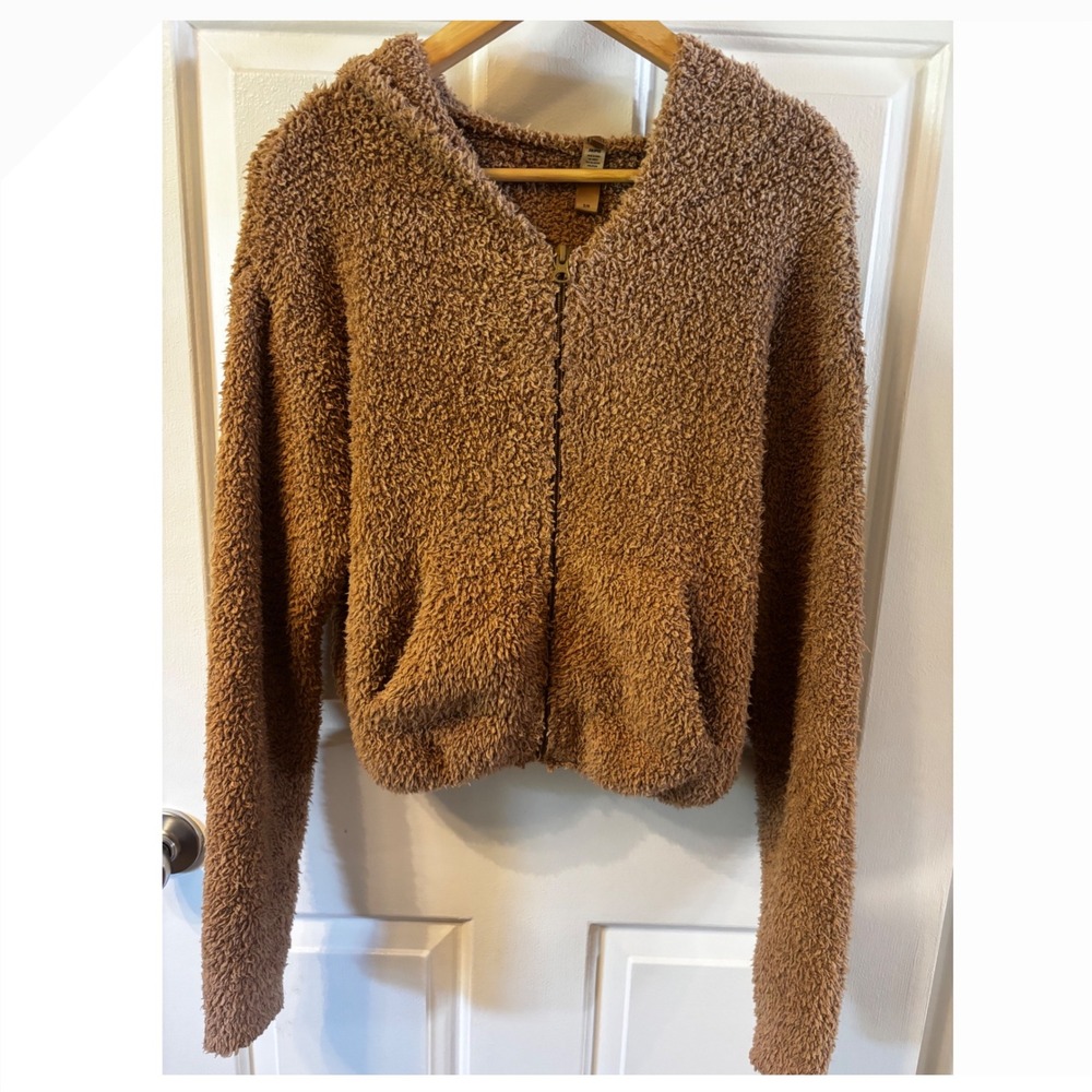 Skims Cozy Knit Zip Up Hoodie Camel Brown Boucle Plush Cropped Jacket S/M